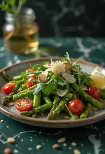 Ensalada de espárragos con aderezo de limón servida