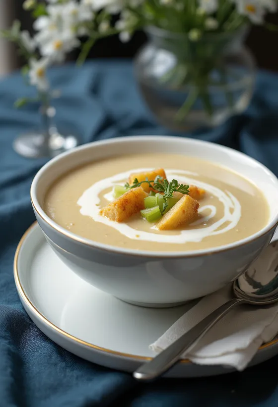 Cremosa sopa de apio nabo decorada con perejil fresco.