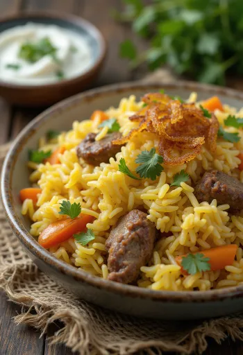 Biryani de cordero con verduras, arroz especiado rico y cordero tierno
