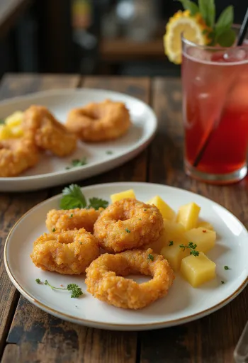 Acarajé con piña servido, con bolas de frijol especiadas y piña fresca