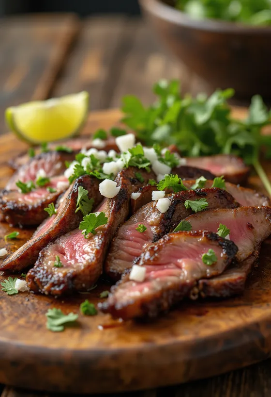 Carne asada servida con tortillas y ensalada