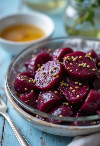 ensalada de betabel servida con verduras frescas y aderezo balsámico
