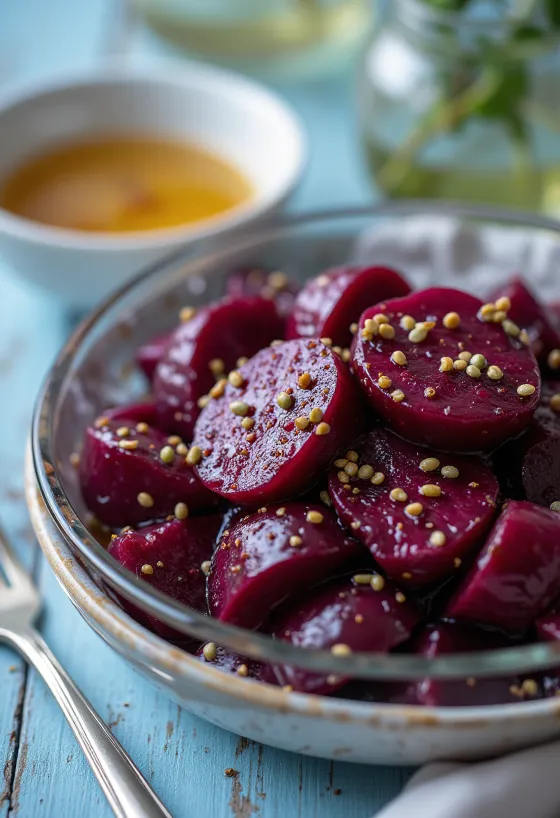 ensalada de betabel servida con verduras frescas y aderezo balsámico