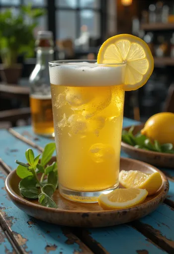 Cerveza con limón servida con rodaja de limón y hielo