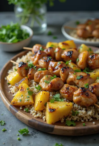 Variaciones de brochetas agridulces con carnes a la parrilla, piña y salsa de yogur