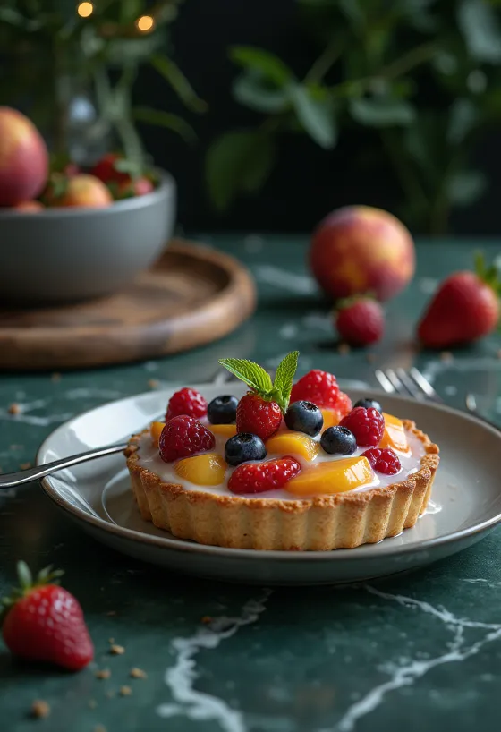 Rebanadas de pastel de frutas frescas decoradas con frutas
