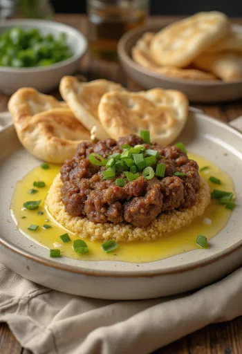 Kibbeh nayyeh servido con pan pita fresco y semillas de granada