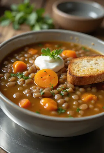 Sopa de lentejas tradicional con zanahoria, papa y laurel