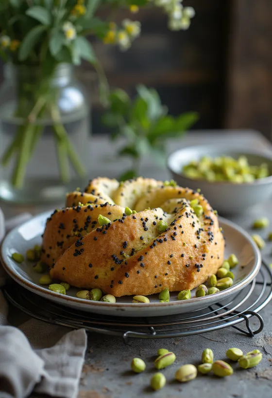 Pastel de semilla de amapola y pistache servido