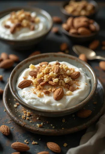 Yogur probiótico con almendras en vasos, con almendras tostadas encima