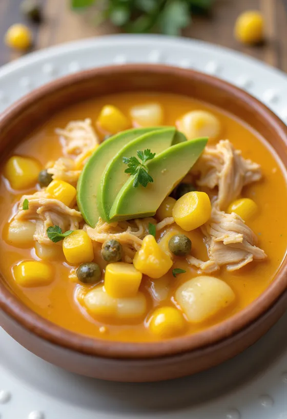 Ajiaco con pollo servido