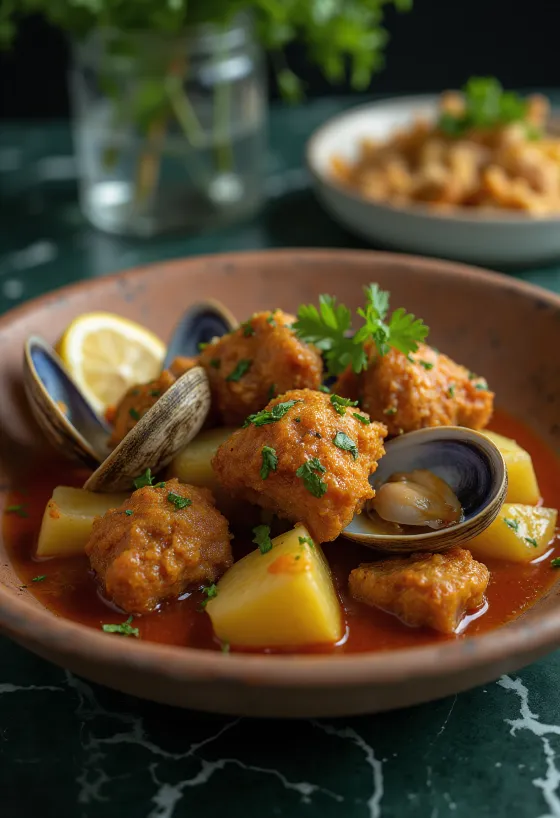 Platillo portugués Carne de porco à Alentejana servido