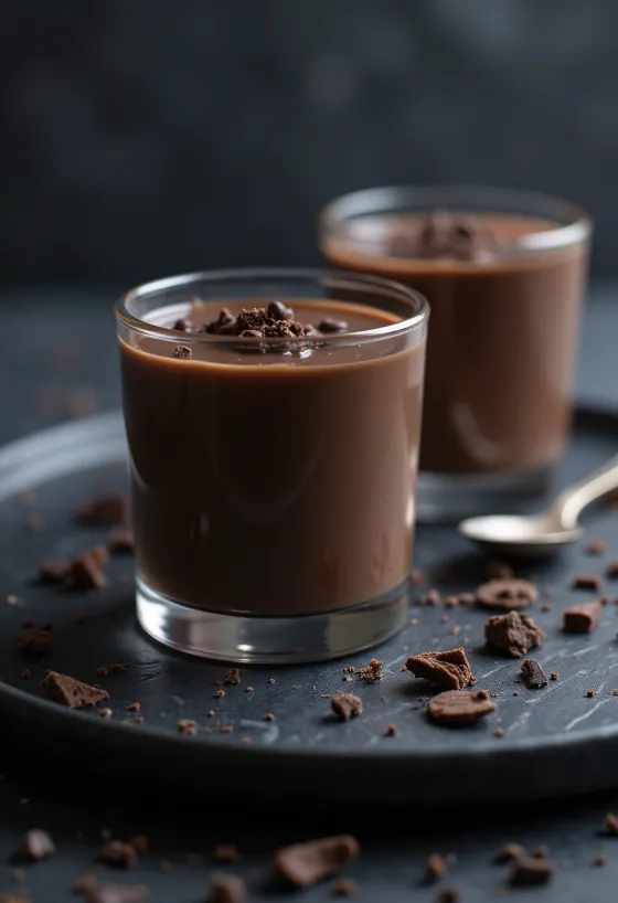 Panna cotta de chocolate decorada con frutos rojos y virutas de chocolate