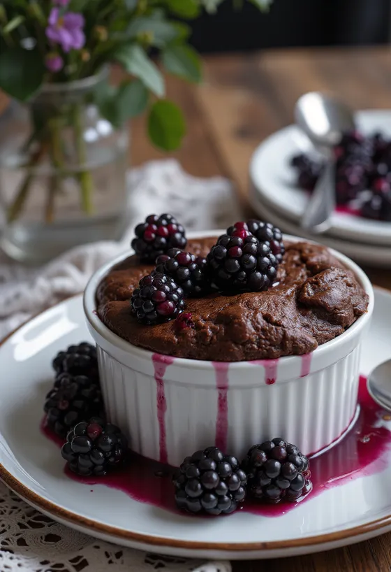 Soufflé de chocolate y grosella negra servido