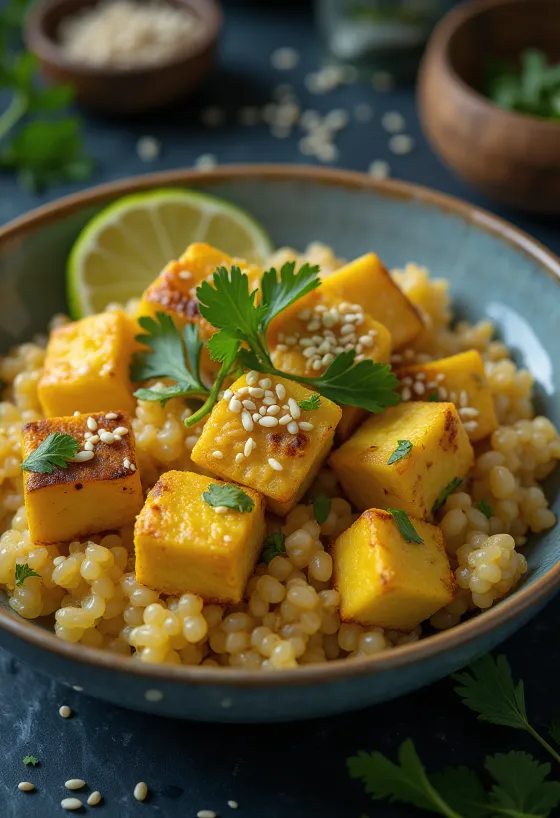 Curry de quinoa al ajo con tofu