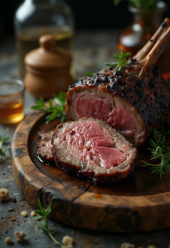 Pierna de cordero ahumada BBQ servida