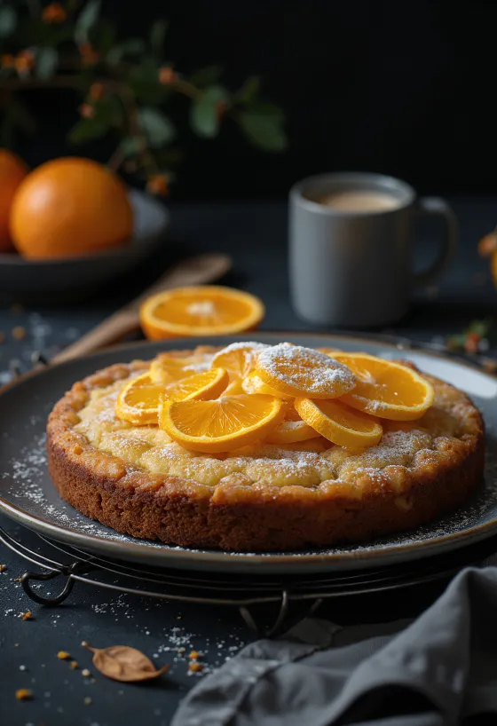 Pastel de naranja especiado servido con azúcar glass y cáscara de naranja