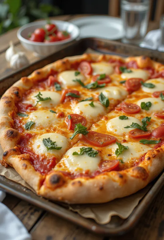 Grandma pizza con masa rectangular y queso