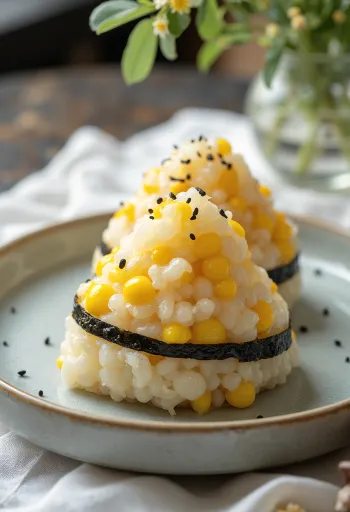 Onigiri relleno de elote, bocadillos de arroz triangulares con hoja de nori