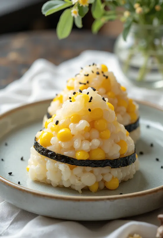 Onigiri relleno de elote, bocadillos de arroz triangulares con hoja de nori