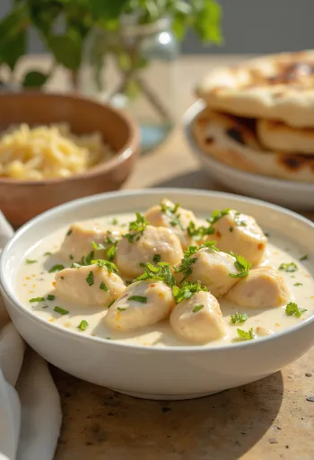 Pollo malai en salsa rica de yogurt y crema, servido con cilantro fresco