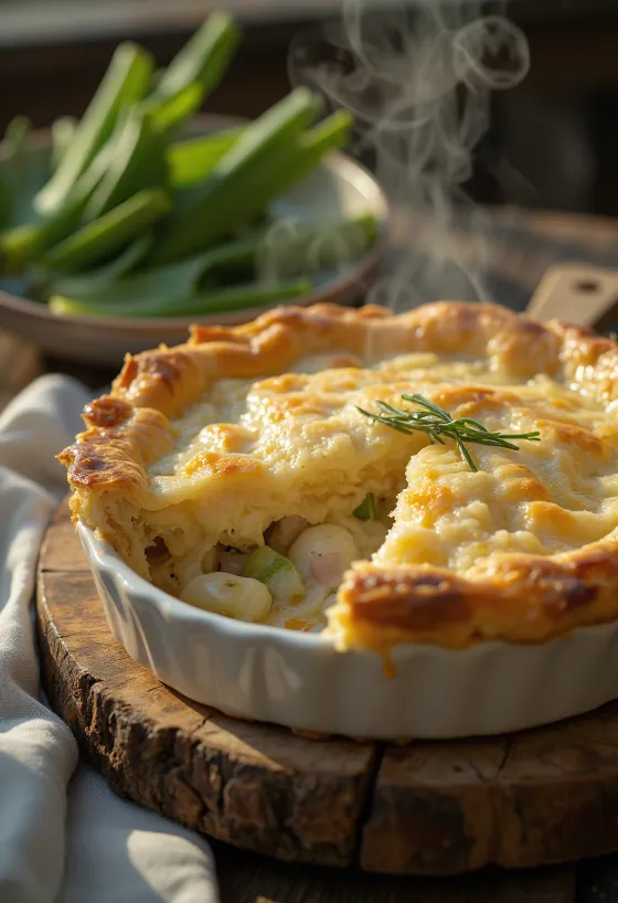 Pastel de conejo y puerro servido en un plato rústico con hojaldre dorado
