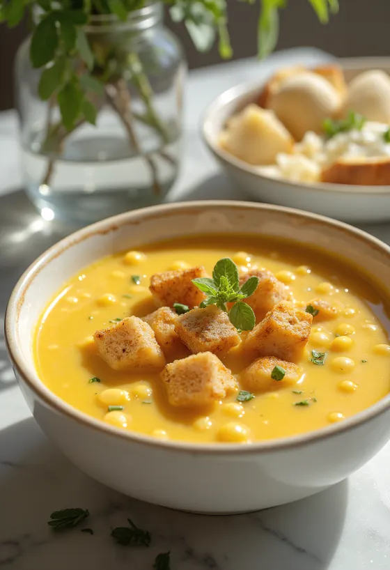 Sopa de chícharos amarillos con salchicha ahumada y perejil