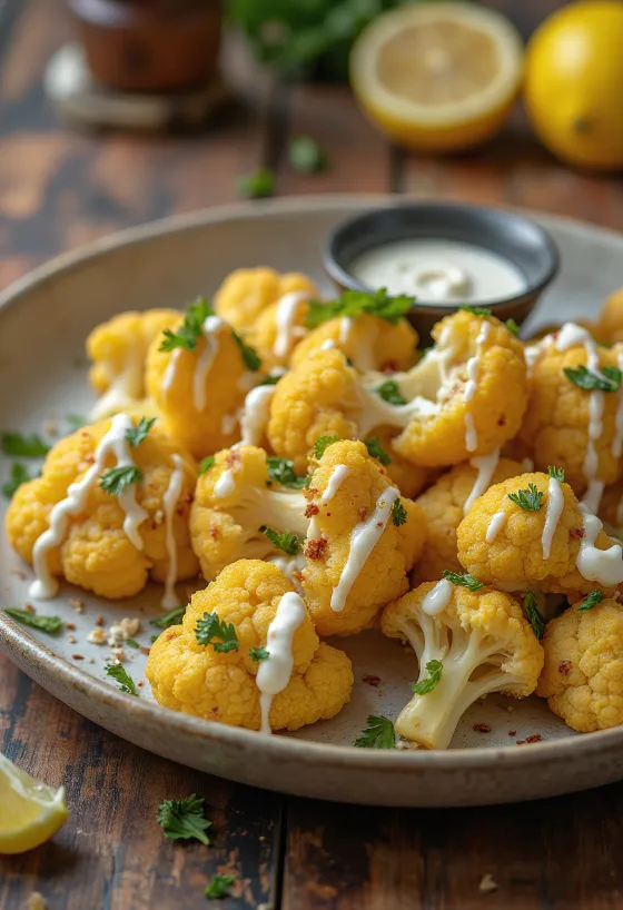 Coliflor asada con salsa de tahini y limón servida