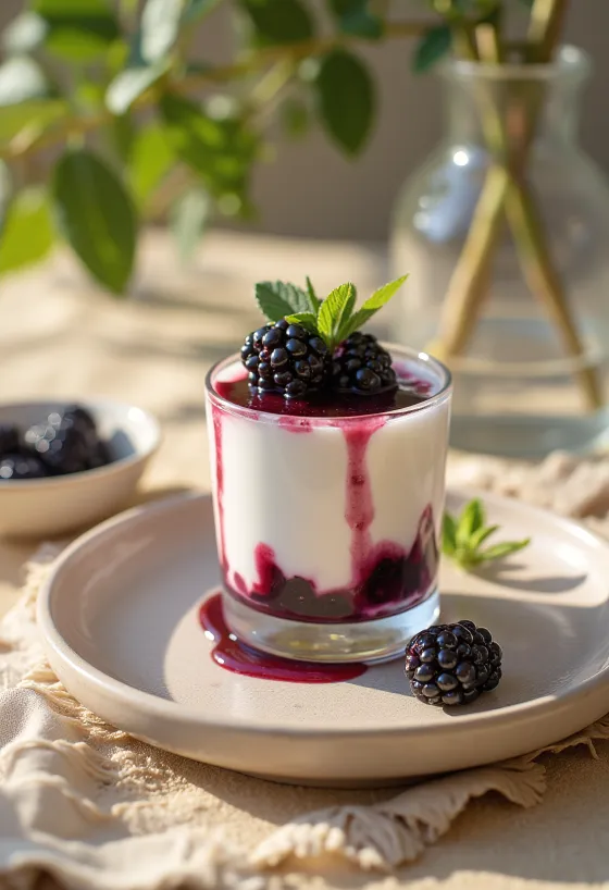 Panna cotta de zarzamora servida