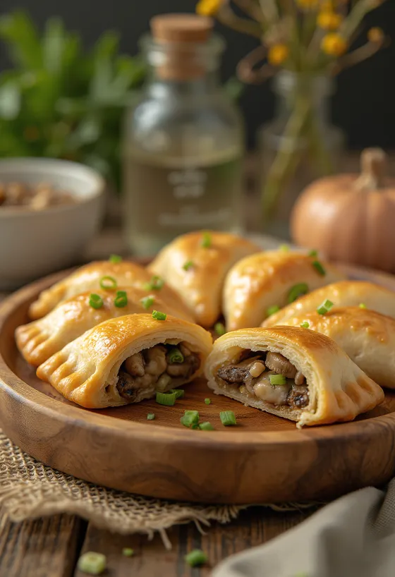 Empanada de cebollín y champiñones, masa dorada y crujiente con relleno de champiñones