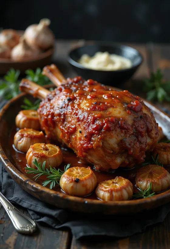Cordero asado con ajvar y perejil fresco y papas asadas