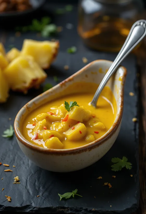 Salsa de curry con piña servida
