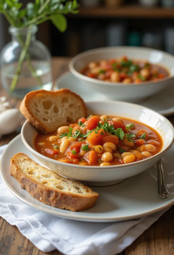 Fasolada servida con pan integral, sopa de frijoles servida con aceite de oliva fresco