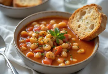 Fasolada servida con pan integral, sopa de frijoles servida con aceite de oliva fresco