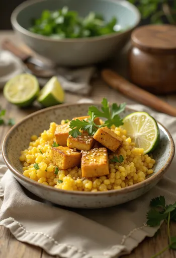 Curry de quinoa al ajo con tofu al limón
