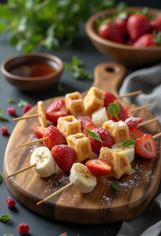 Brocheta de waffles servida con fresas frescas, plátano y uvas