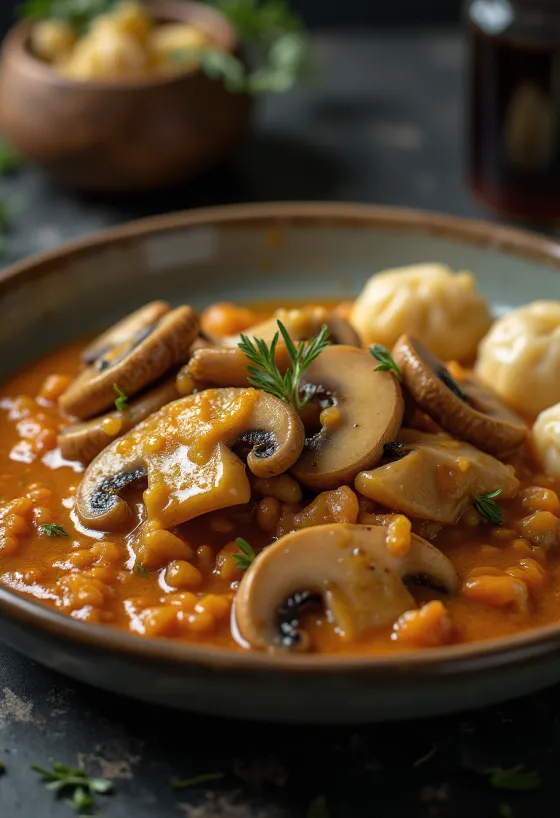 Paprikash de champiñones cremoso servido con perejil fresco y spätzle
