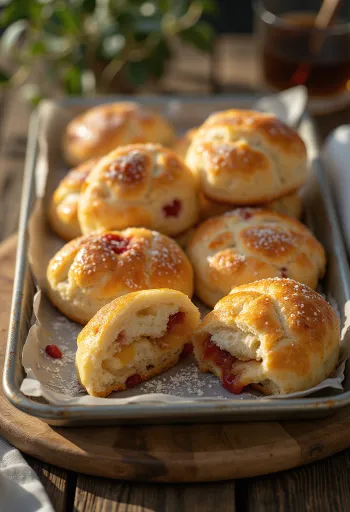 Bollos rellenos de mermelada suaves espolvoreados con azúcar glass, servidos en una bandeja.