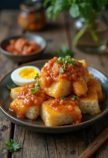 Lontong con salsa sambal, servido con huevo fresco