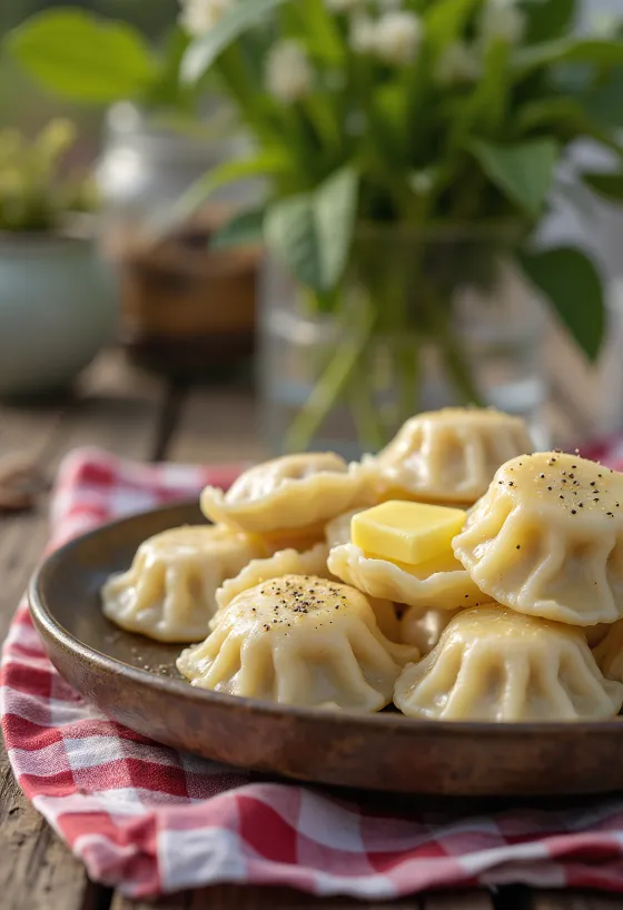 Pelmeni siberiano servido con crema ácida