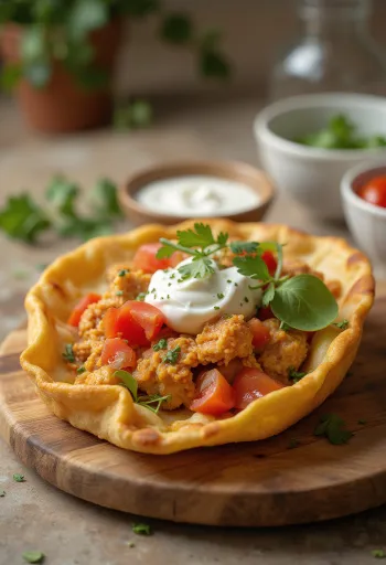 Barca de masa horneada rellena de pollo y pimientos