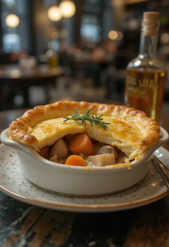 Pastel de conejo con vegetales de raíz servido con ensalada fresca