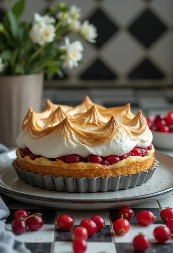 Pastel de merengue con grosella servido