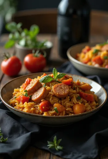Lecsó con arroz servido con perejil fresco