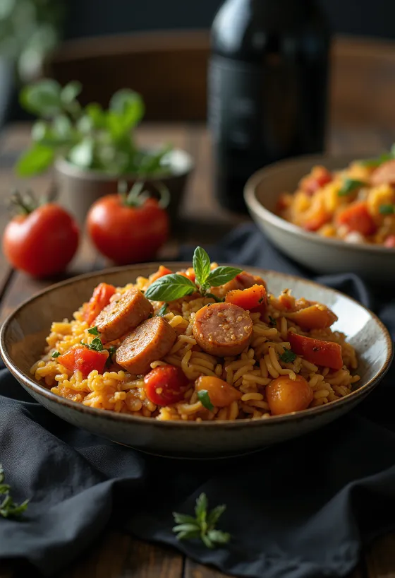 Lecsó con arroz servido con perejil fresco