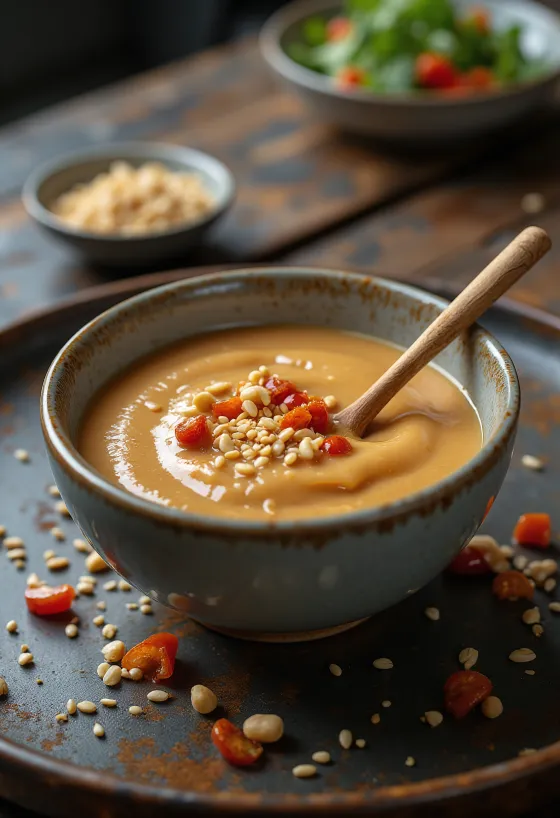 Salsa de cacahuate con ajonjolí servida con rollitos primavera