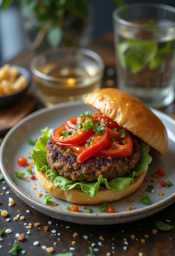 Hamburguesa vegana con chile y verduras frescas