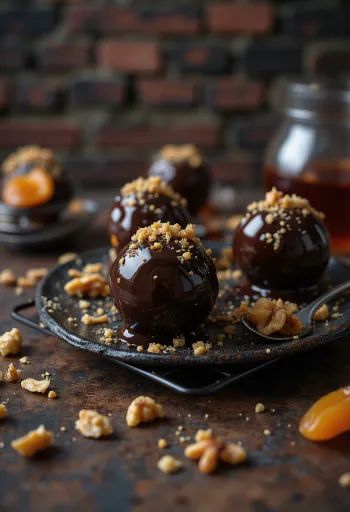 Bolitas de nuez y chabacano cubiertas de chocolate y decoradas con nuez