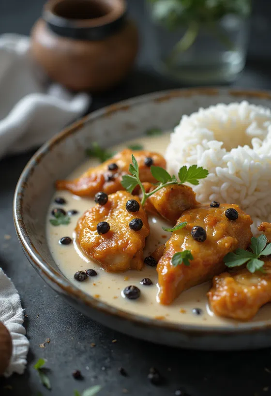 Pollo Adobo con coco, en rica y cremosa leche de coco con especias