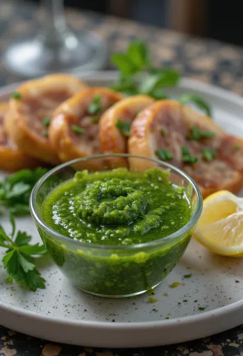 Salsa chimichurri servida con carnes asadas